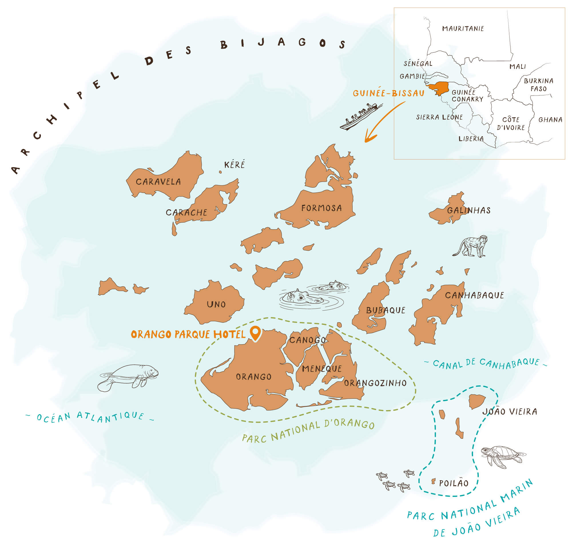 Cartographie - Création de cartes illustrées créatives - Ici une carte de l'archipel des Bijagos, Guinée-Bissau, Afrique, pour le magazine Roadbook © Kalao Studio
