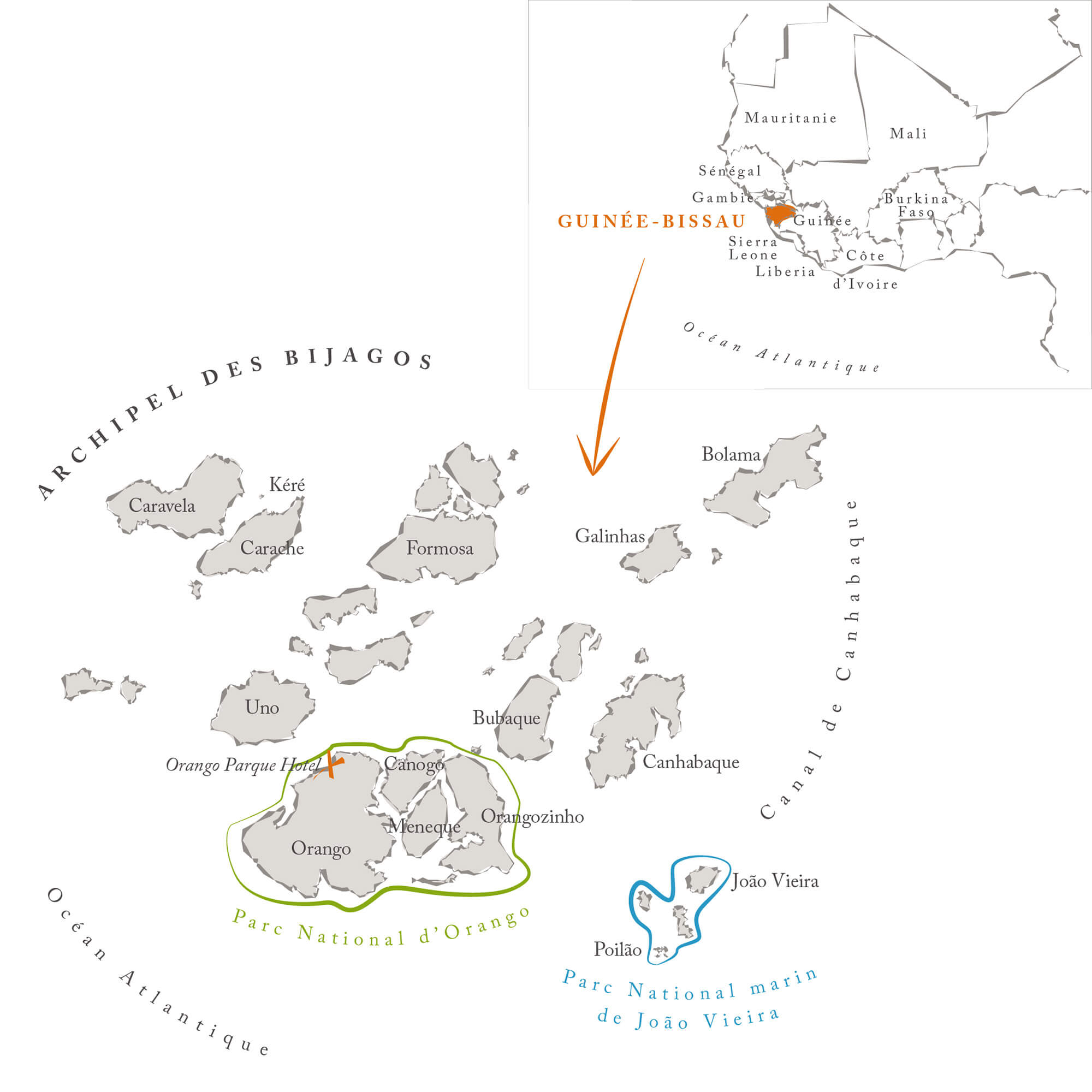 Cartographie - Création de cartes illustrées créatives - Ici une carte de l'archipel des Bijagos, Guinée-Bissau, Afrique, pour le magazine Roadbook © Kalao Studio