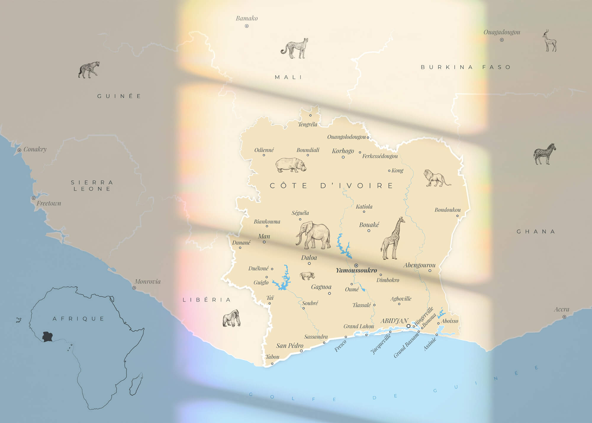 Cartographie - Création de cartes illustrées créatives - Ici une carte de la Côte d'Ivoire, Afrique © Kalao Studio