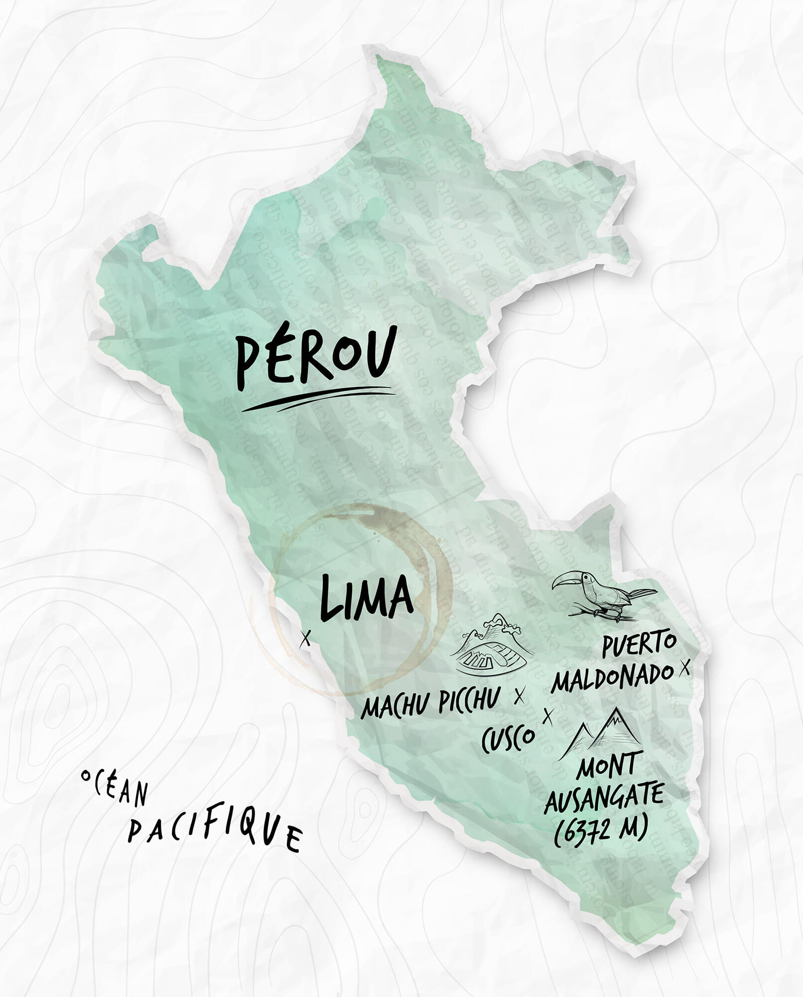 Cartographie - Création de cartes illustrées créatives - Ici une carte du Pérou, Amérique du Sud, pour la plaquette de présentation d'un voyage photographique © Kalao Studio