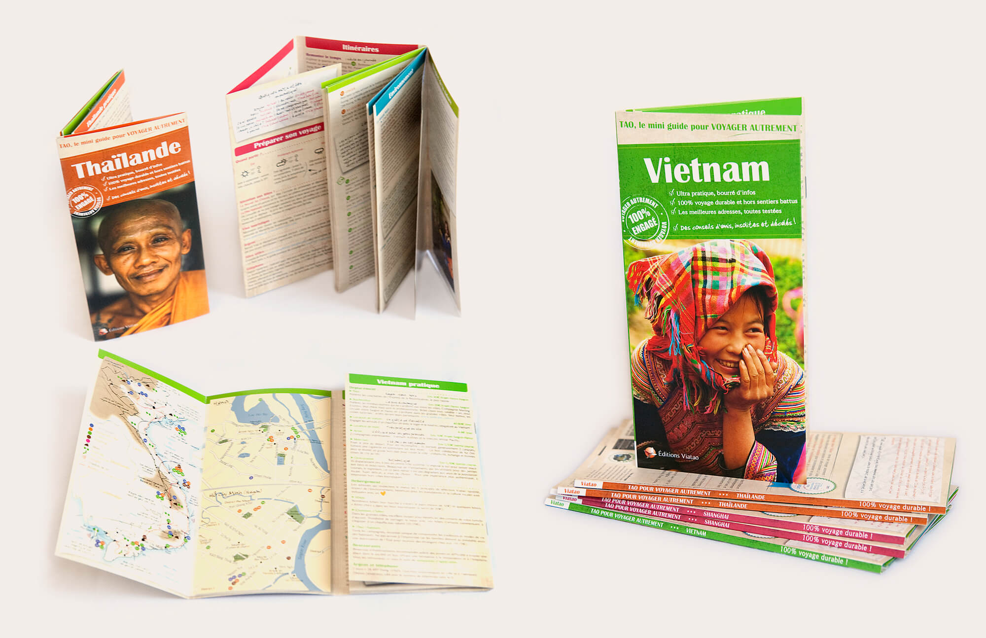 Création de la charte graphique (identité visuelle) des 'Guides Tao', collection de guides de voyage © Kalao Studio