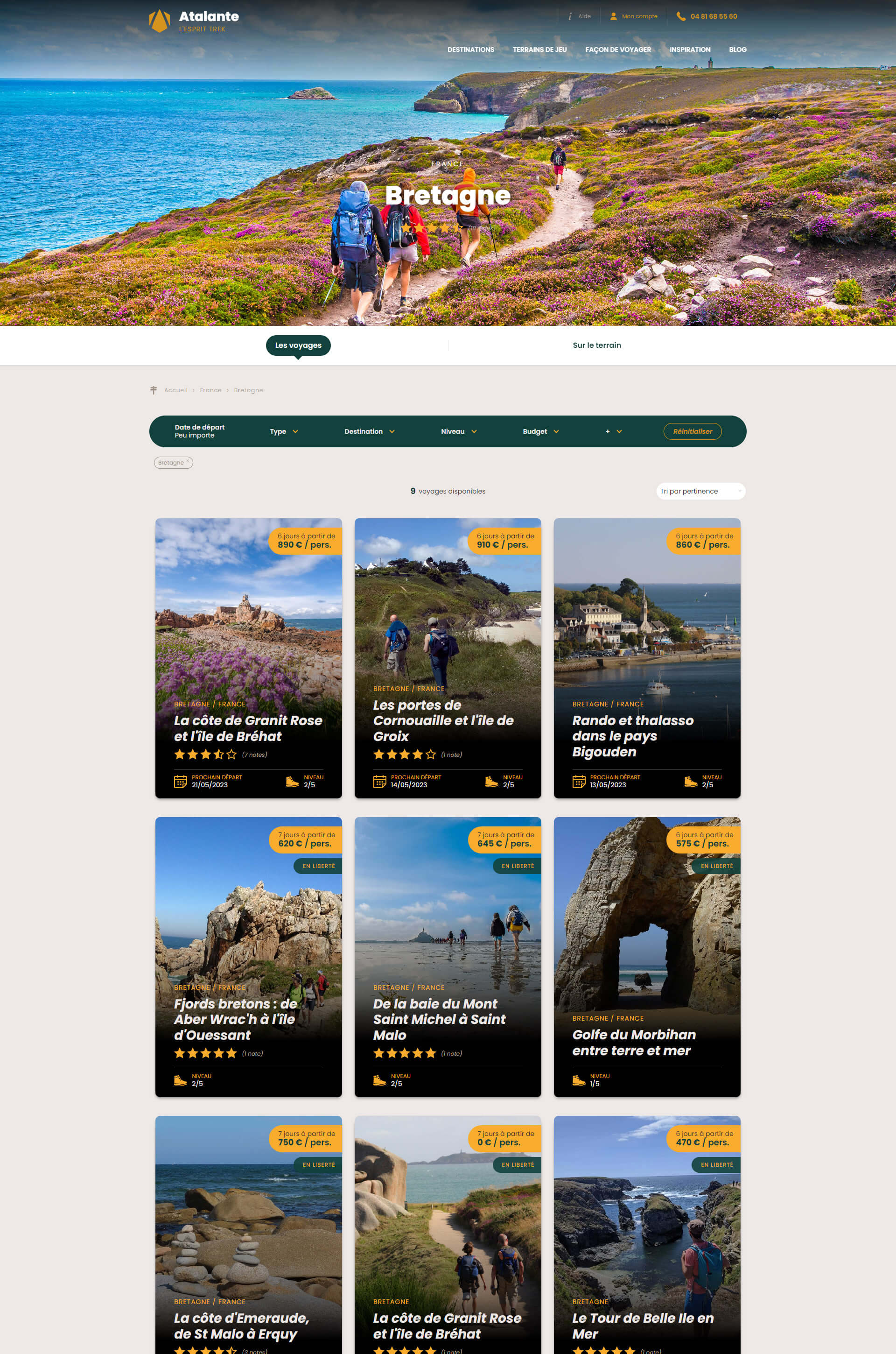 Atalante : page Destination - Réalisation d'un site Internet de voyages d'aventure, treks et randonnées
