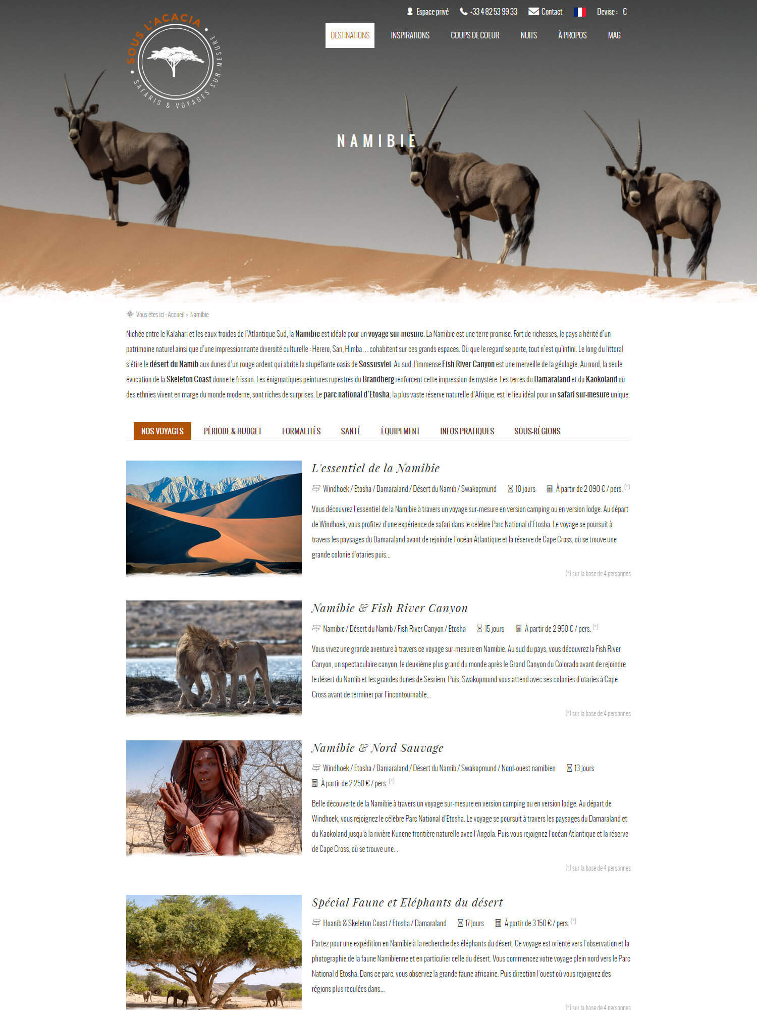 Sous l'Acacia : liste des produits proposés par pays - Réalisation d'un site Internet pour une agence de safaris et voyages sur-mesure en Afrique